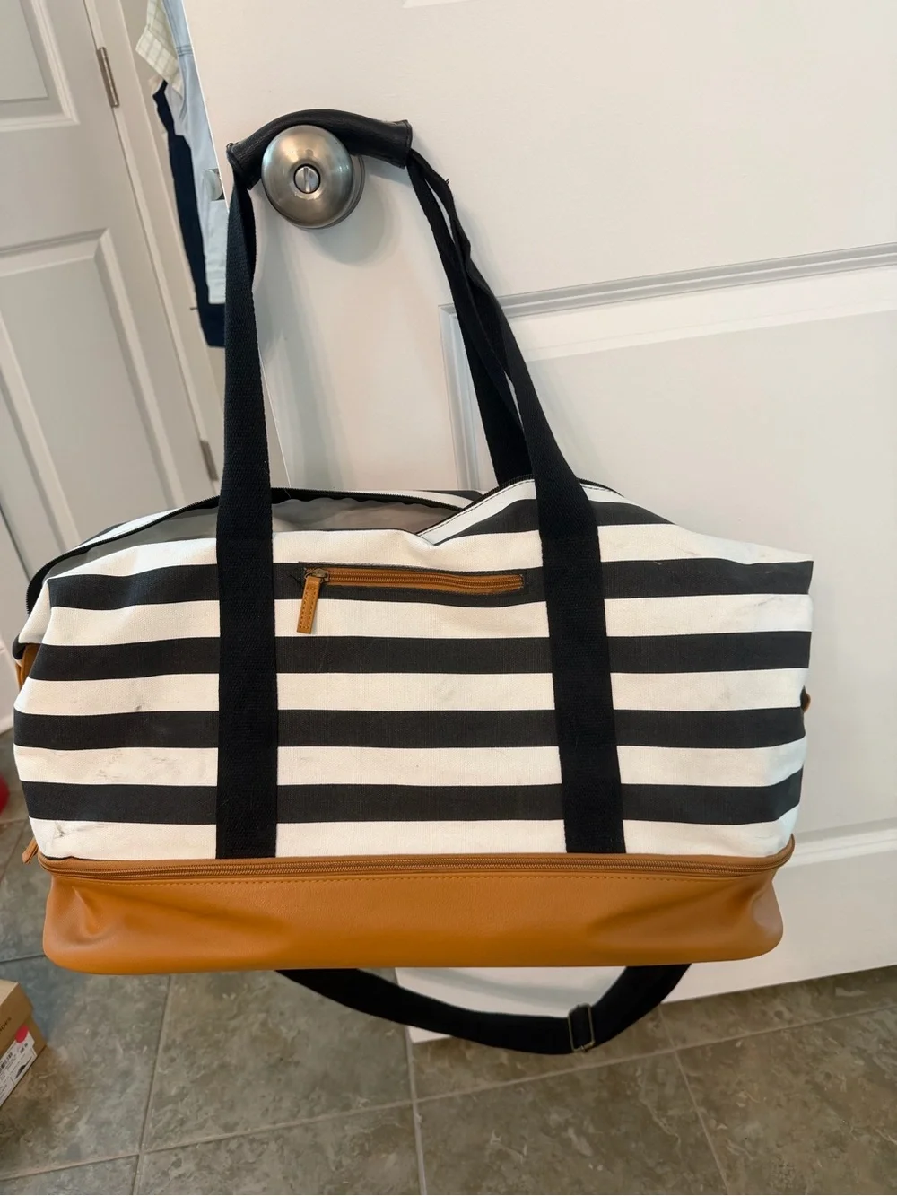 DSW Black and White Striped Duffel with Brown Trim